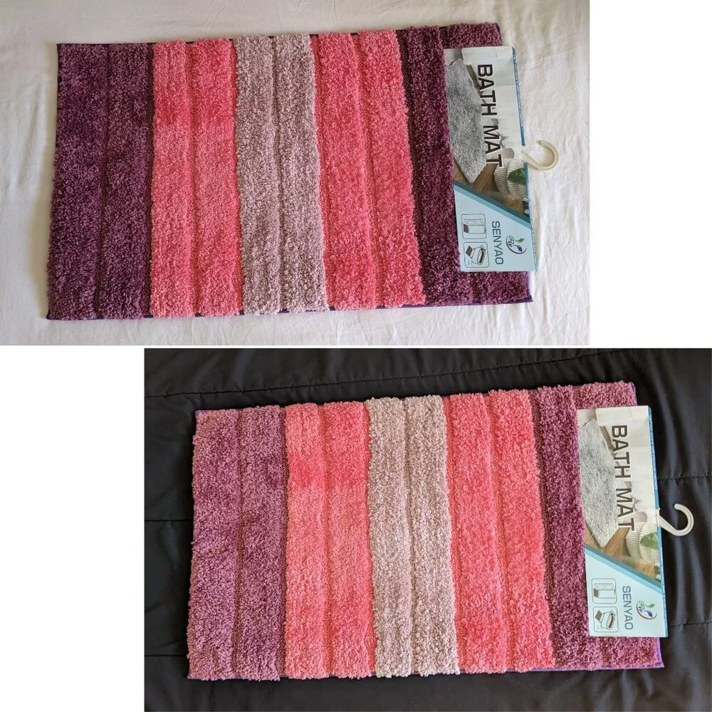 Pink Striped Bath Mat, Fluffy Pink Rug, Non-slip, 32x20in